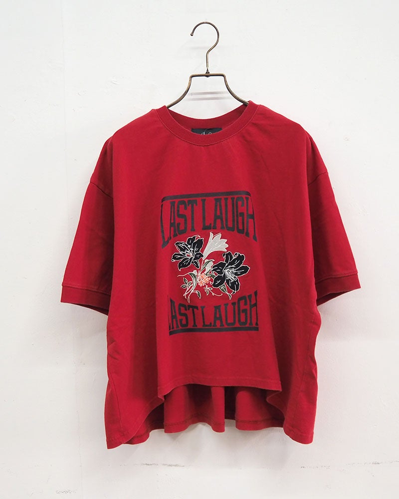 limiless　リミレス　パウダー天竺チェーン刺繍ショートT　半袖　ショート丈　チェーン刺繍ロゴ　ワイドシルエット　ドロップショルダー　前後差着丈　サイドスリット　大人カジュアル