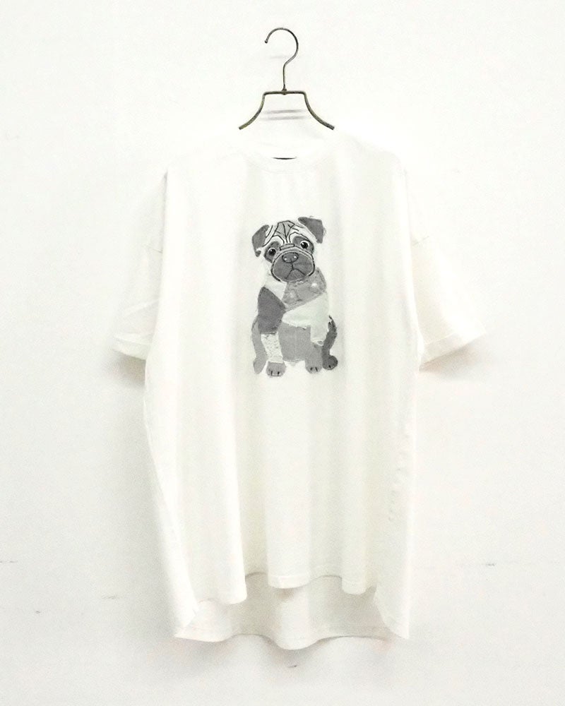 limiless　リミレス　パウダー天竺パッチワークパグT　半袖　ビッグシルエット　パグ刺繡　犬デザイン　ドロップショルダー　前後差着丈　サイドスリット　大人カジュアル