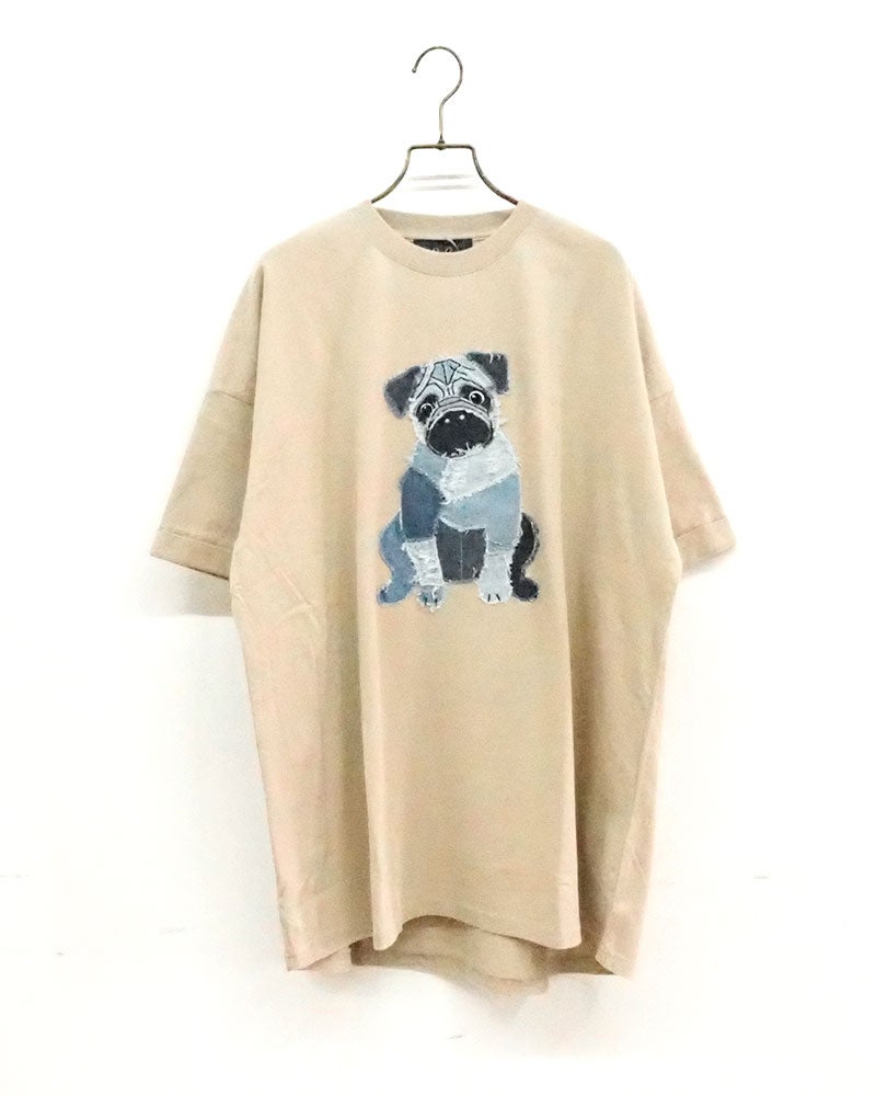 limiless　リミレス　パウダー天竺パッチワークパグT　半袖　ビッグシルエット　パグ刺繡　犬デザイン　ドロップショルダー　前後差着丈　サイドスリット　大人カジュアル