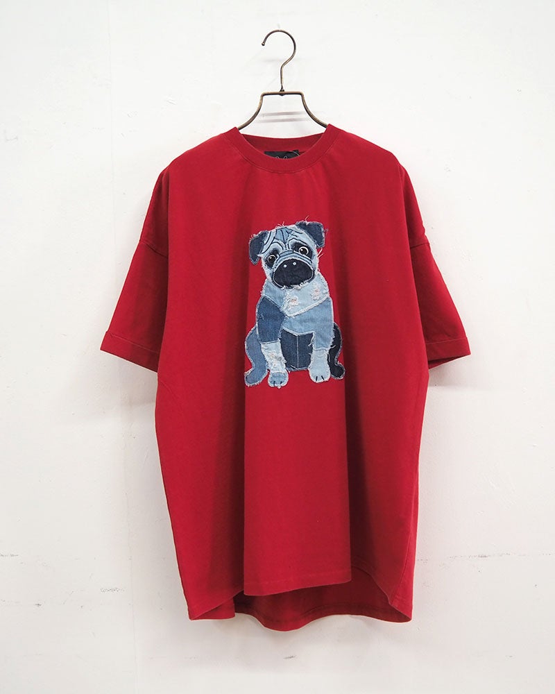 limiless　リミレス　パウダー天竺パッチワークパグT　半袖　ビッグシルエット　パグ刺繡　犬デザイン　ドロップショルダー　前後差着丈　サイドスリット　大人カジュアル
