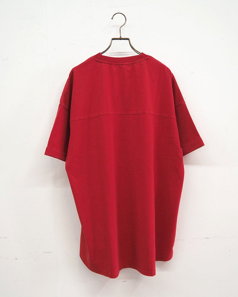 limiless　リミレス　パウダー天竺パッチワークパグT　半袖　ビッグシルエット　パグ刺繡　犬デザイン　ドロップショルダー　前後差着丈　サイドスリット　大人カジュアル