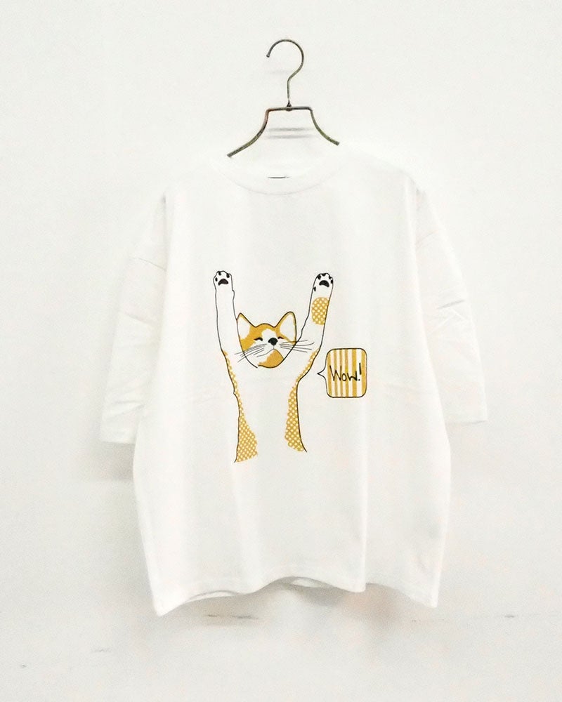 limiless　リミレス　ネコTシャツ　半袖　ビッグシルエット　ネコイラスト　アニマルプリント　ドロップショルダー　前後差着丈　サイドスリット　大人カジュアル
