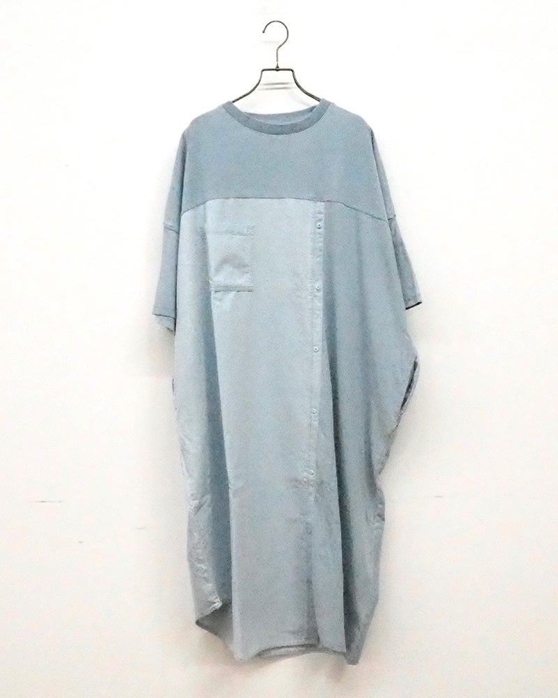 limiless　リミレス　インディゴ天竺シャツ風ワンピ　長袖　ロング丈　前開き　インディゴ染め　ヴィンテージ加工　製品洗い　ビッグシルエット　羽織り　大人カジュアル
