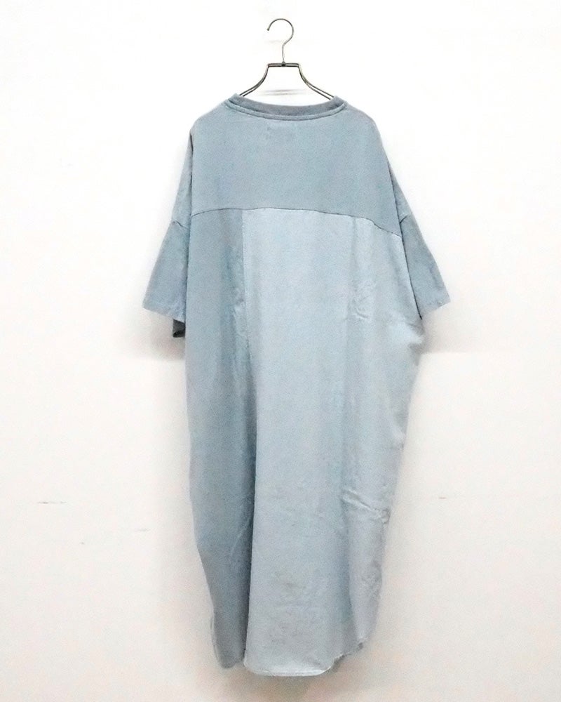limiless　リミレス　インディゴ天竺シャツ風ワンピ　長袖　ロング丈　前開き　インディゴ染め　ヴィンテージ加工　製品洗い　ビッグシルエット　羽織り　大人カジュアル