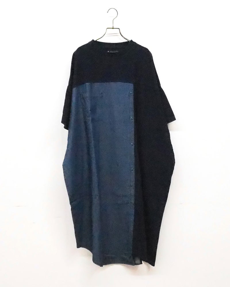 limiless　リミレス　インディゴ天竺シャツ風ワンピ　長袖　ロング丈　前開き　インディゴ染め　ヴィンテージ加工　製品洗い　ビッグシルエット　羽織り　大人カジュアル