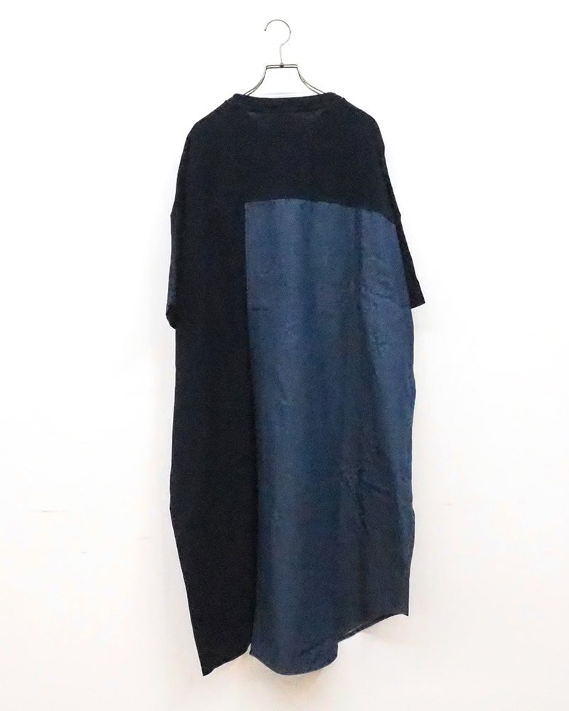 limiless　リミレス　インディゴ天竺シャツ風ワンピ　長袖　ロング丈　前開き　インディゴ染め　ヴィンテージ加工　製品洗い　ビッグシルエット　羽織り　大人カジュアル