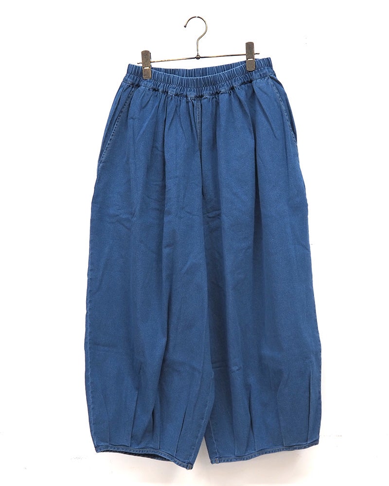 limiless　リミレス　ひんやりデニムサーカスパンツ　ロング丈　接触冷感　クールデニム　ウエストゴム　バルーンシルエット　インディゴ染め　ヴィンテージ加工　体型カバー　大人カジュアル
