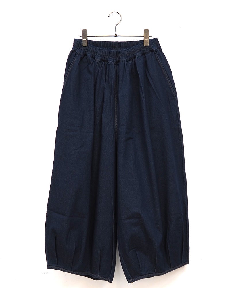 limiless　リミレス　ひんやりデニムサーカスパンツ　ロング丈　接触冷感　クールデニム　ウエストゴム　バルーンシルエット　インディゴ染め　ヴィンテージ加工　体型カバー　大人カジュアル
