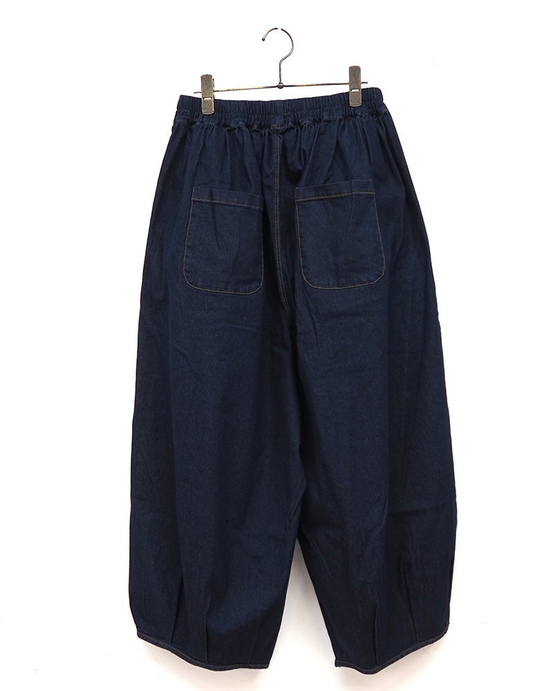 limiless　リミレス　ひんやりデニムサーカスパンツ　ロング丈　接触冷感　クールデニム　ウエストゴム　バルーンシルエット　インディゴ染め　ヴィンテージ加工　体型カバー　大人カジュアル