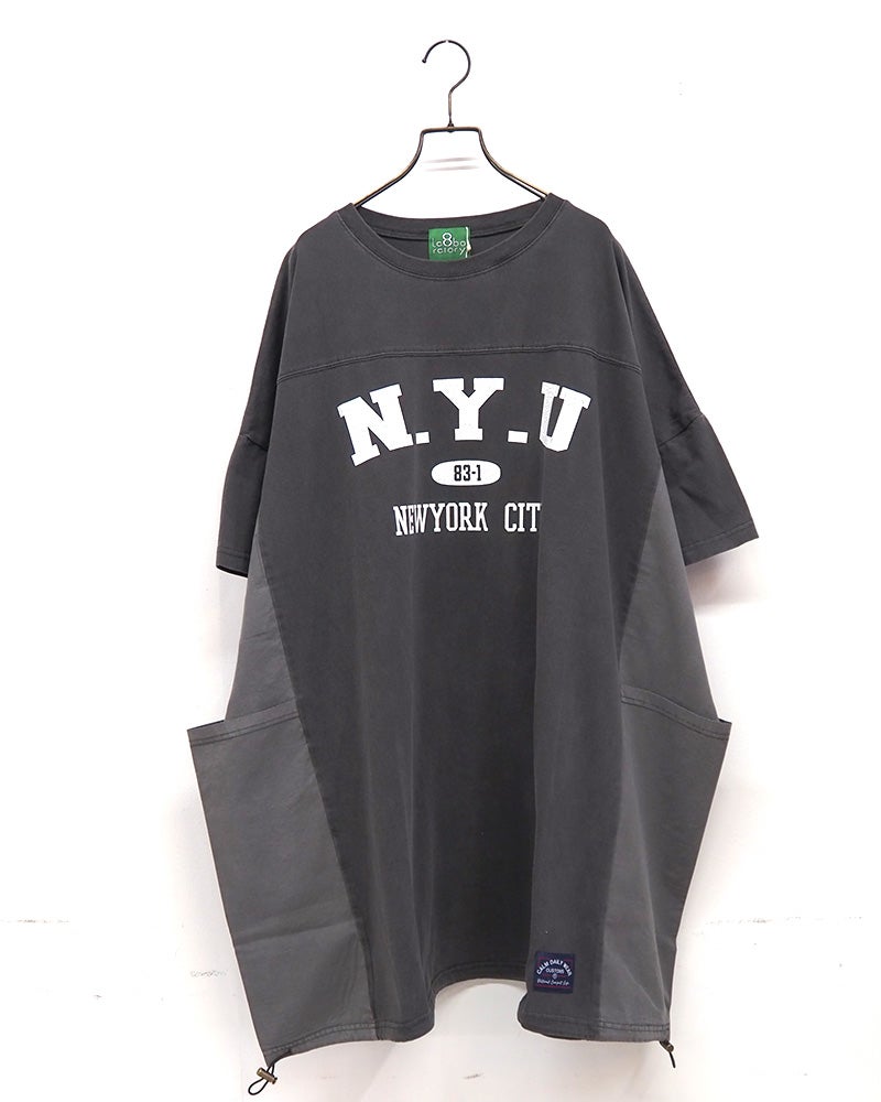 8Laboratory　エイトラボラトリー　天竺ピグメント×タイプライタープリントT　半袖　裾ドロスト　異素材切り替え　製品染め　ヴィンテージ加工　英字プリント　ビッグシルエット　ユニセックス