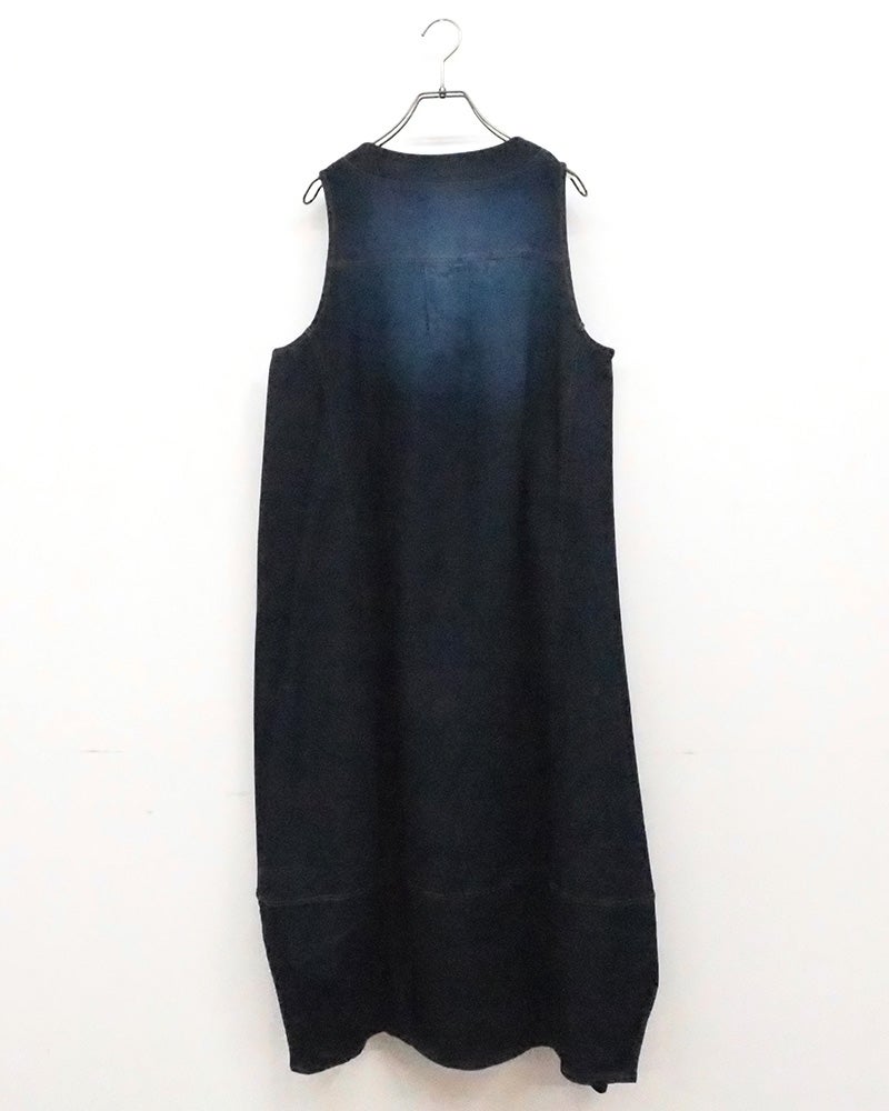 limiless　リミレス　ひんやりデニムボーリングピンワンピース　ロング丈　接触冷感　クールデニム　ウエストゴム　コクーンシルエット　インディゴ染め　ヴィンテージ加工　体型カバー　大人カジュアル