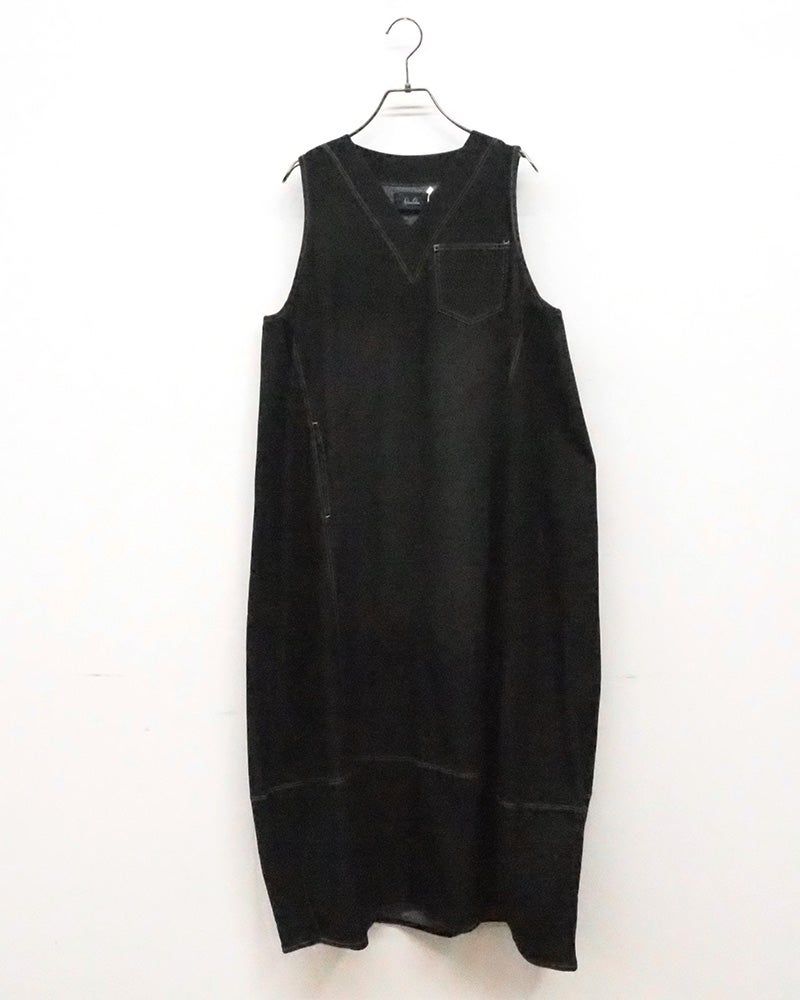 limiless　リミレス　ひんやりデニムボーリングピンワンピース　ロング丈　接触冷感　クールデニム　ウエストゴム　コクーンシルエット　インディゴ染め　ヴィンテージ加工　体型カバー　大人カジュアル