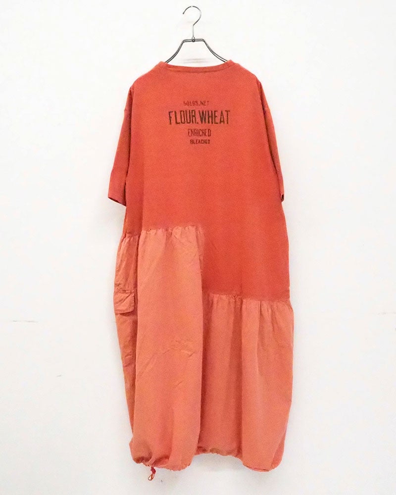 LIME.INC　ライムインク　天竺ピグメント切替ワンピース　ロング丈　半袖　カレッジロゴ　異素材切り替え　ピグメント加工　製品染め　ヴィンテージ風　ワイドシルエット　ドロップショルダー　綿100%　大人カジュアル