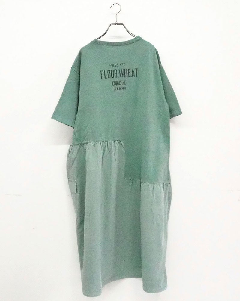 LIME.INC　ライムインク　天竺ピグメント切替ワンピース　ロング丈　半袖　カレッジロゴ　異素材切り替え　ピグメント加工　製品染め　ヴィンテージ風　ワイドシルエット　ドロップショルダー　綿100%　大人カジュアル