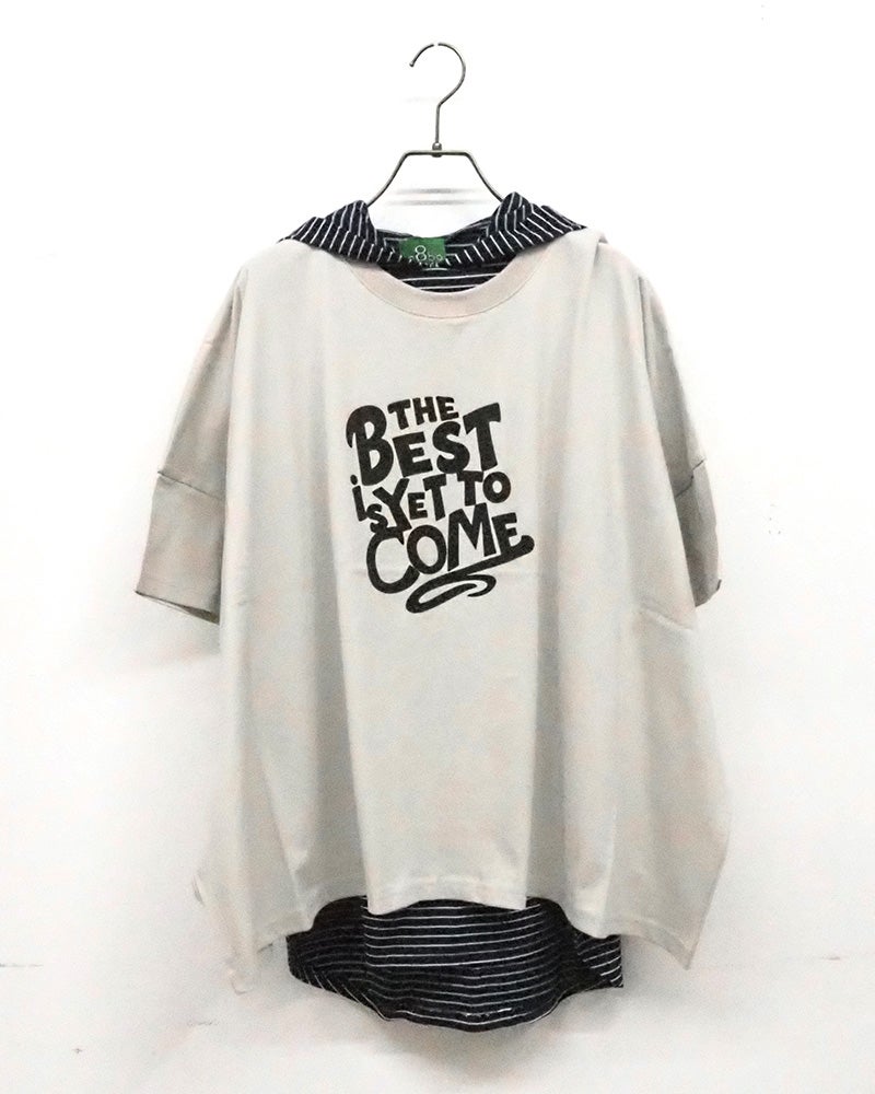 8Laboratory　エイトラボラトリー　天竺セットアップ　アンサンブル　2点セット　半袖ロゴTシャツ　ワイドシルエット　ドロップショルダー　ボーダー柄フードタンクトップ　レイヤードスタイル　綿100%　大人カジュアル
