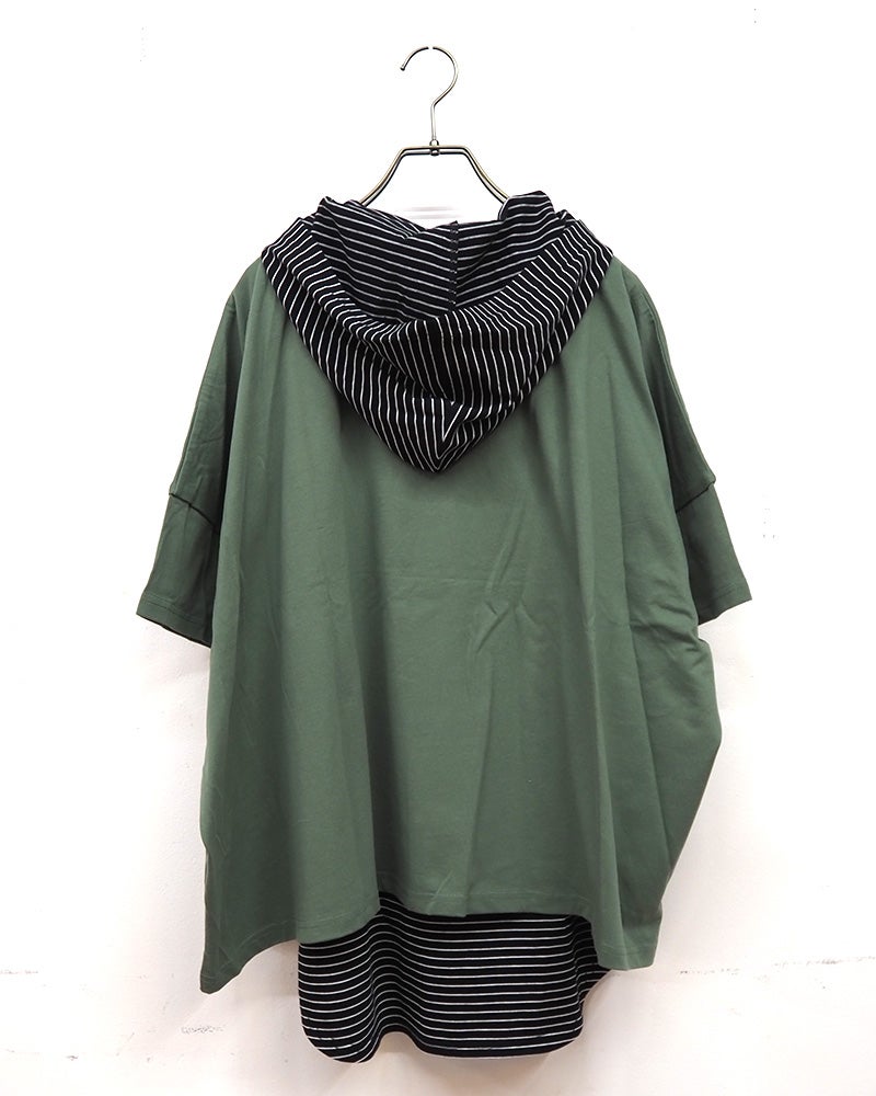8Laboratory　エイトラボラトリー　天竺セットアップ　アンサンブル　2点セット　半袖ロゴTシャツ　ワイドシルエット　ドロップショルダー　ボーダー柄フードタンクトップ　レイヤードスタイル　綿100%　大人カジュアル