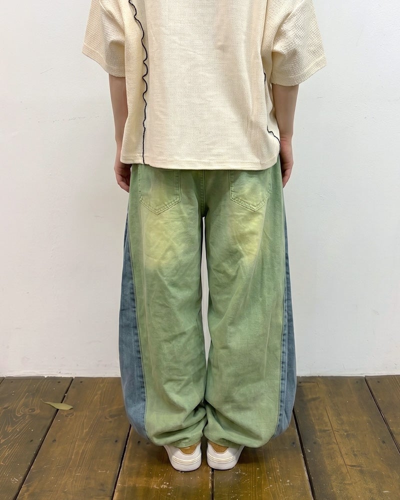 limiless　リミレス　カラーデニム脇タックパンツ　イージーパンツ　サイドタック　コクーンシルエット　ウエストゴム　ドローコード　製品洗い加工　ヴィンテージ風　フェードカラー　大人カジュアル