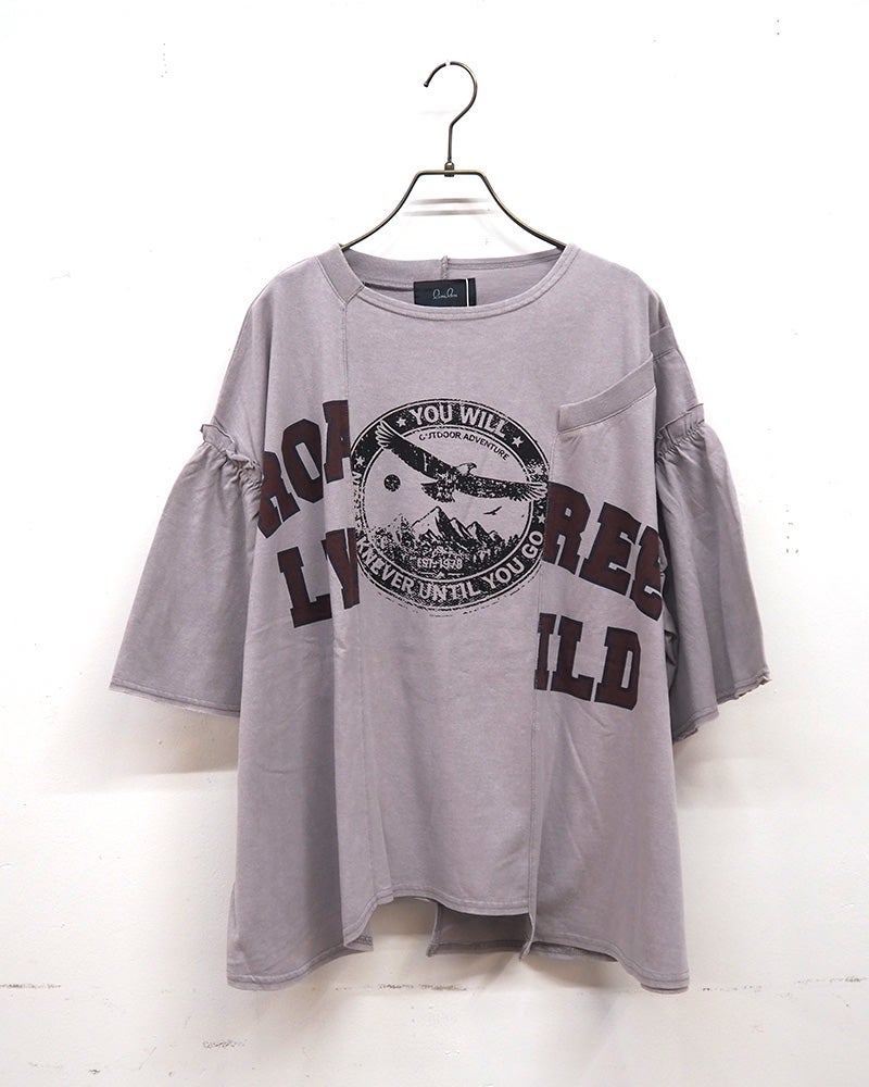 limiless　リミレス　天竺ケミカル加工切替プルオーバー　半袖Tシャツ　カレッジロゴ　ケミカルウォッシュ　リメイク風切り替え　シームデザイン　ヴィンテージ風　ワイドシルエット　ドロップショルダー　綿100%　大人カジュアル