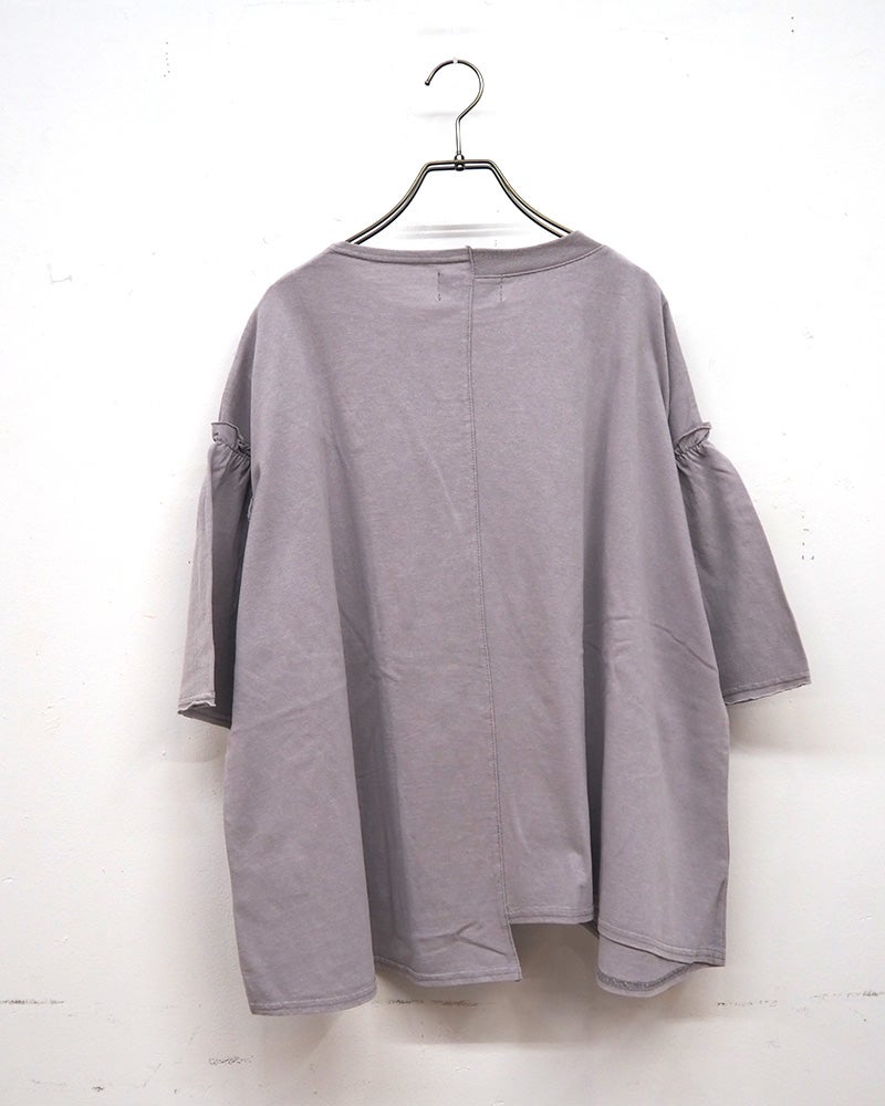 limiless　リミレス　天竺ケミカル加工切替プルオーバー　半袖Tシャツ　カレッジロゴ　ケミカルウォッシュ　リメイク風切り替え　シームデザイン　ヴィンテージ風　ワイドシルエット　ドロップショルダー　綿100%　大人カジュアル