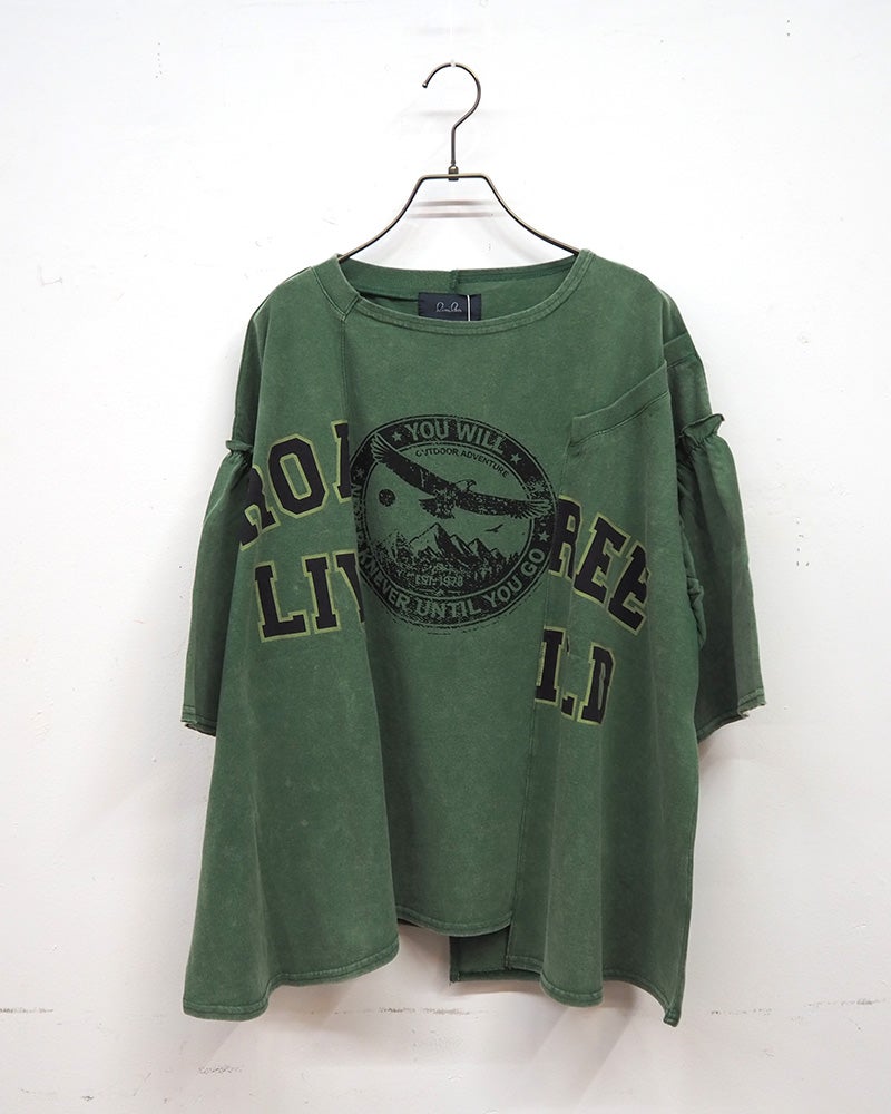 limiless　リミレス　天竺ケミカル加工切替プルオーバー　半袖Tシャツ　カレッジロゴ　ケミカルウォッシュ　リメイク風切り替え　シームデザイン　ヴィンテージ風　ワイドシルエット　ドロップショルダー　綿100%　大人カジュアル