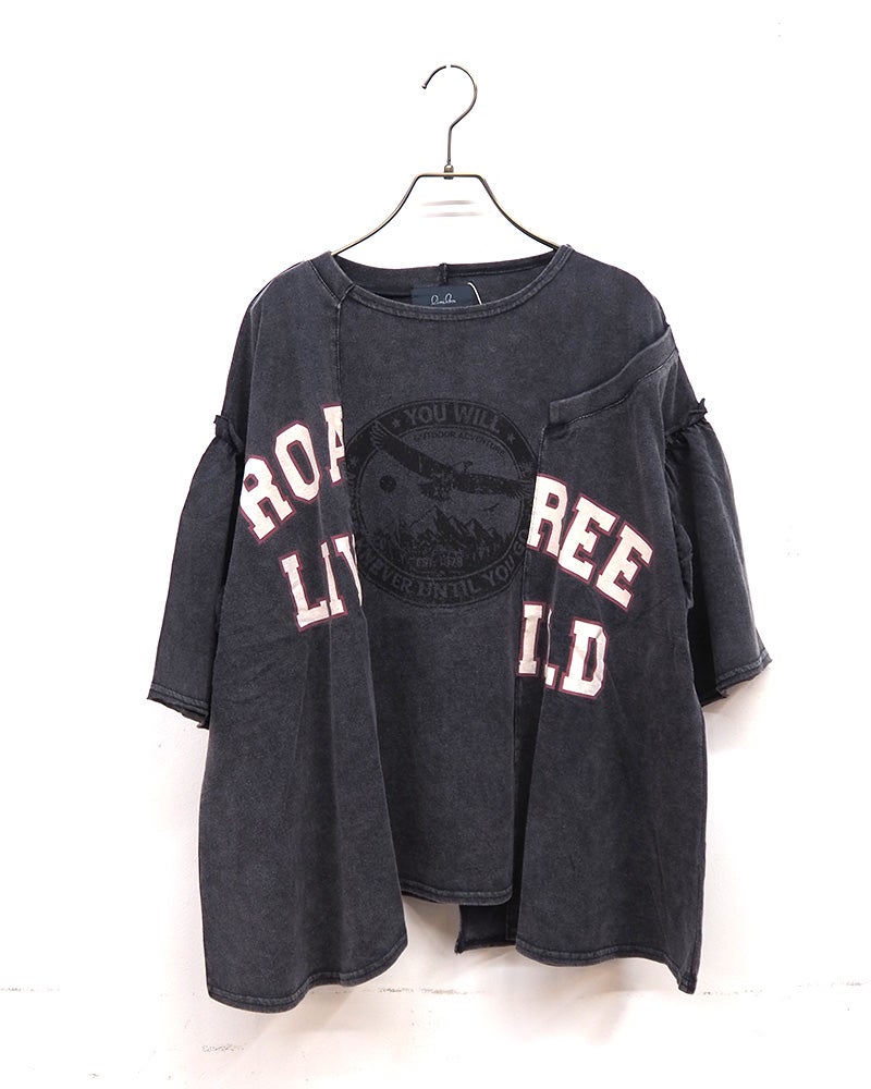 limiless　リミレス　天竺ケミカル加工切替プルオーバー　半袖Tシャツ　カレッジロゴ　ケミカルウォッシュ　リメイク風切り替え　シームデザイン　ヴィンテージ風　ワイドシルエット　ドロップショルダー　綿100%　大人カジュアル