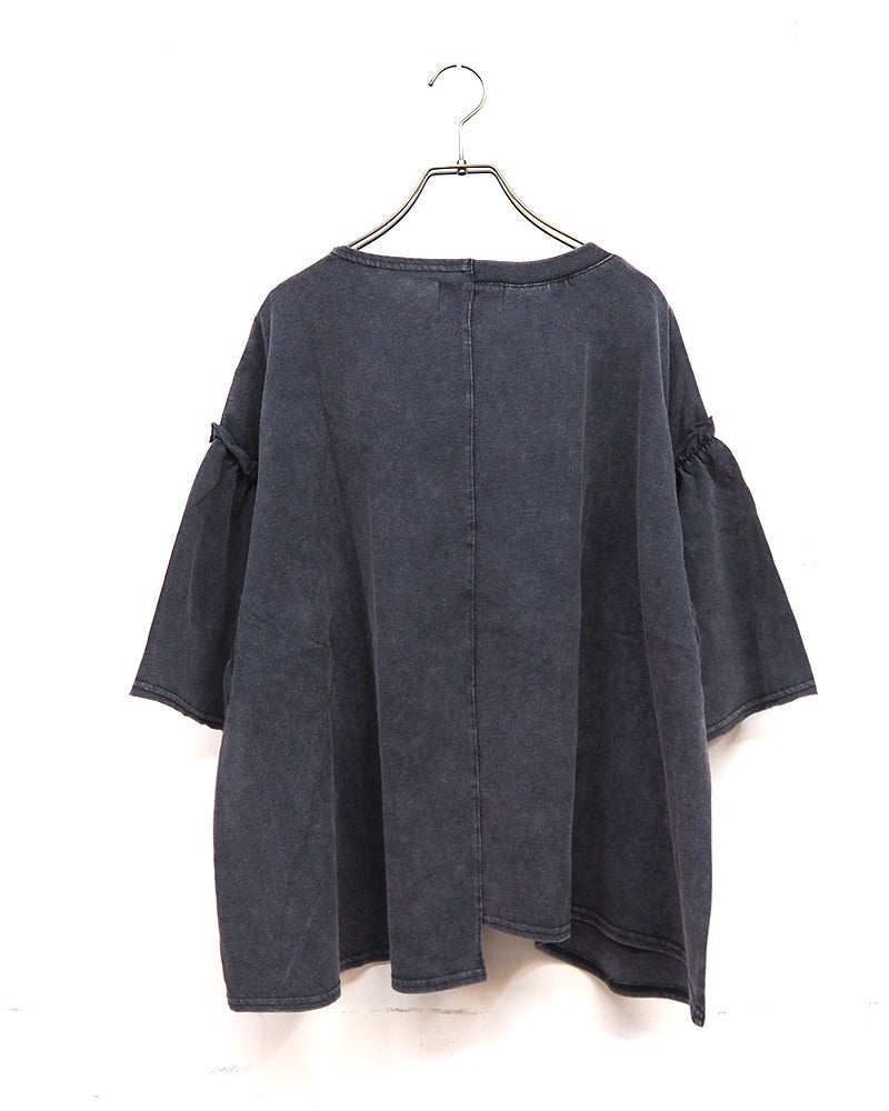 limiless　リミレス　天竺ケミカル加工切替プルオーバー　半袖Tシャツ　カレッジロゴ　ケミカルウォッシュ　リメイク風切り替え　シームデザイン　ヴィンテージ風　ワイドシルエット　ドロップショルダー　綿100%　大人カジュアル
