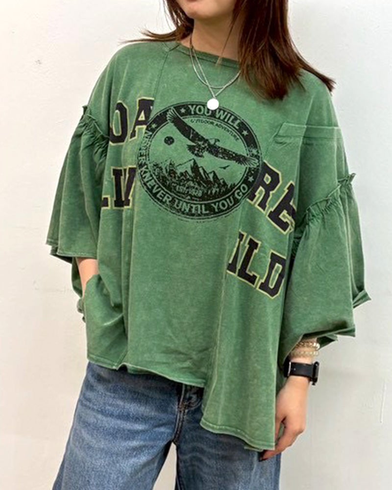 limiless　リミレス　天竺ケミカル加工切替プルオーバー　半袖Tシャツ　カレッジロゴ　ケミカルウォッシュ　リメイク風切り替え　シームデザイン　ヴィンテージ風　ワイドシルエット　ドロップショルダー　綿100%　大人カジュアル