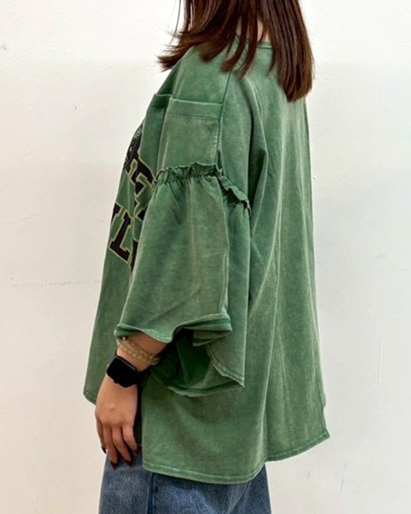limiless　リミレス　天竺ケミカル加工切替プルオーバー　半袖Tシャツ　カレッジロゴ　ケミカルウォッシュ　リメイク風切り替え　シームデザイン　ヴィンテージ風　ワイドシルエット　ドロップショルダー　綿100%　大人カジュアル
