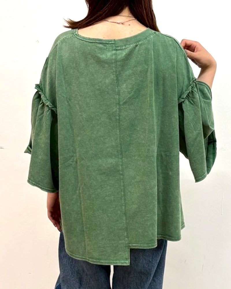 limiless　リミレス　天竺ケミカル加工切替プルオーバー　半袖Tシャツ　カレッジロゴ　ケミカルウォッシュ　リメイク風切り替え　シームデザイン　ヴィンテージ風　ワイドシルエット　ドロップショルダー　綿100%　大人カジュアル