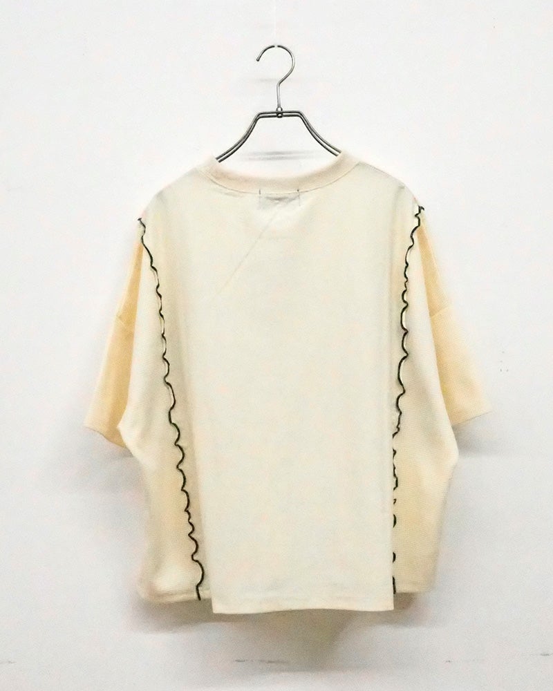 limiless　リミレス　天竺×ワッフルバイオウォッシュリメイクT　半袖Tシャツ　ワッフル切り替え　英字プリント　バイオウォッシュ加工　ヴィンテージ風　ワイドシルエット　ドロップショルダー　綿100%　大人カジュアル