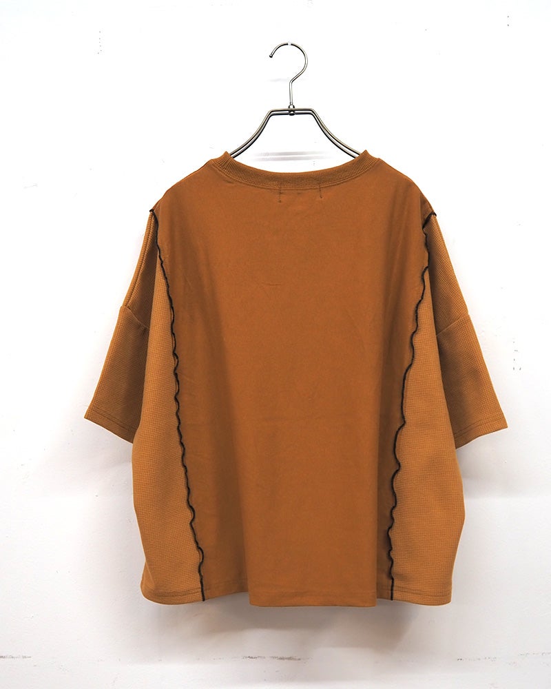 limiless　リミレス　天竺×ワッフルバイオウォッシュリメイクT　半袖Tシャツ　ワッフル切り替え　英字プリント　バイオウォッシュ加工　ヴィンテージ風　ワイドシルエット　ドロップショルダー　綿100%　大人カジュアル