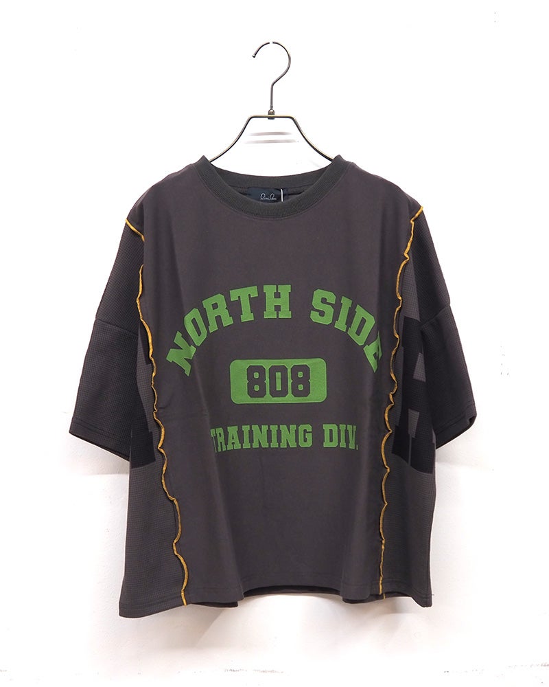 limiless　リミレス　天竺×ワッフルバイオウォッシュリメイクT　半袖Tシャツ　ワッフル切り替え　英字プリント　バイオウォッシュ加工　ヴィンテージ風　ワイドシルエット　ドロップショルダー　綿100%　大人カジュアル