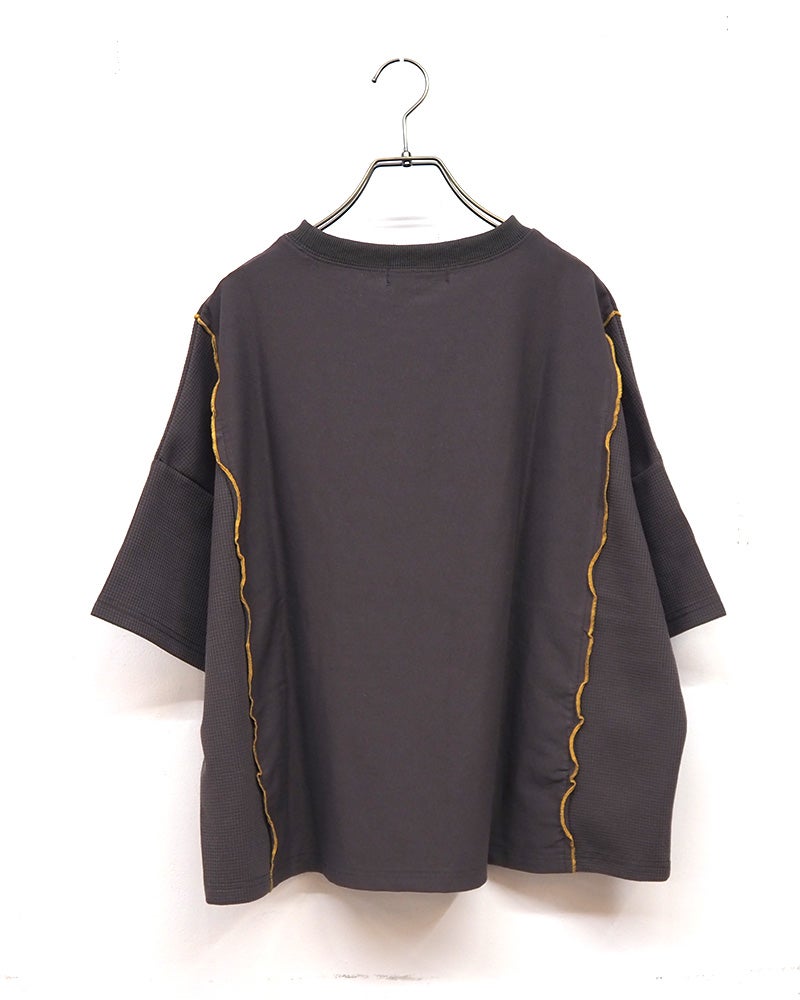 limiless　リミレス　天竺×ワッフルバイオウォッシュリメイクT　半袖Tシャツ　ワッフル切り替え　英字プリント　バイオウォッシュ加工　ヴィンテージ風　ワイドシルエット　ドロップショルダー　綿100%　大人カジュアル