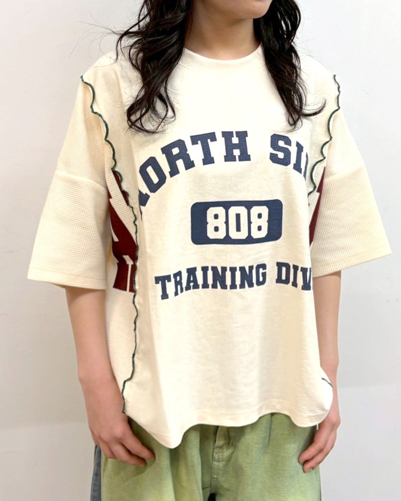 limiless　リミレス　天竺×ワッフルバイオウォッシュリメイクT　半袖Tシャツ　ワッフル切り替え　英字プリント　バイオウォッシュ加工　ヴィンテージ風　ワイドシルエット　ドロップショルダー　綿100%　大人カジュアル