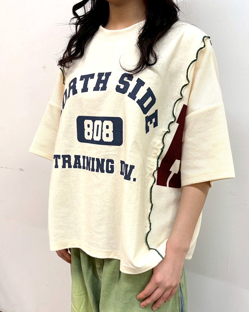 limiless　リミレス　天竺×ワッフルバイオウォッシュリメイクT　半袖Tシャツ　ワッフル切り替え　英字プリント　バイオウォッシュ加工　ヴィンテージ風　ワイドシルエット　ドロップショルダー　綿100%　大人カジュアル