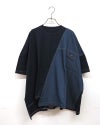 limiless　リミレス　デニムGジャン風切替T　半袖Tシャツ　デニムドッキング　リメイク風デザイン　カットオフ　胸ポケット　ワイドシルエット　ドロップショルダー　綿100%　大人カジュアル