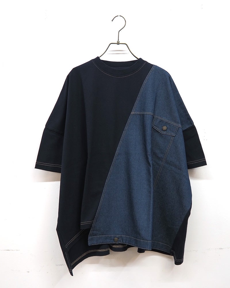 limiless　リミレス　デニムGジャン風切替T　半袖Tシャツ　デニムドッキング　リメイク風デザイン　カットオフ　胸ポケット　ワイドシルエット　ドロップショルダー　綿100%　大人カジュアル