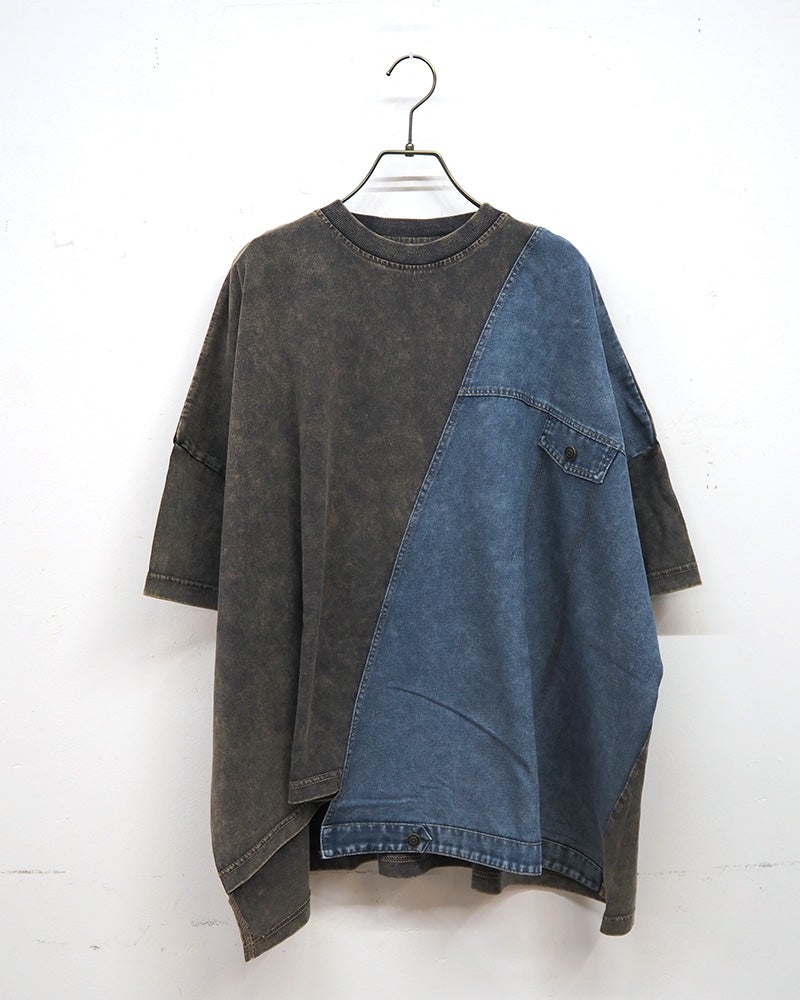 limiless　リミレス　デニムGジャン風切替T　半袖Tシャツ　デニムドッキング　リメイク風デザイン　カットオフ　胸ポケット　ワイドシルエット　ドロップショルダー　綿100%　大人カジュアル