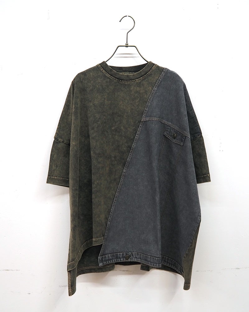 limiless　リミレス　デニムGジャン風切替T　半袖Tシャツ　デニムドッキング　リメイク風デザイン　カットオフ　胸ポケット　ワイドシルエット　ドロップショルダー　綿100%　大人カジュアル
