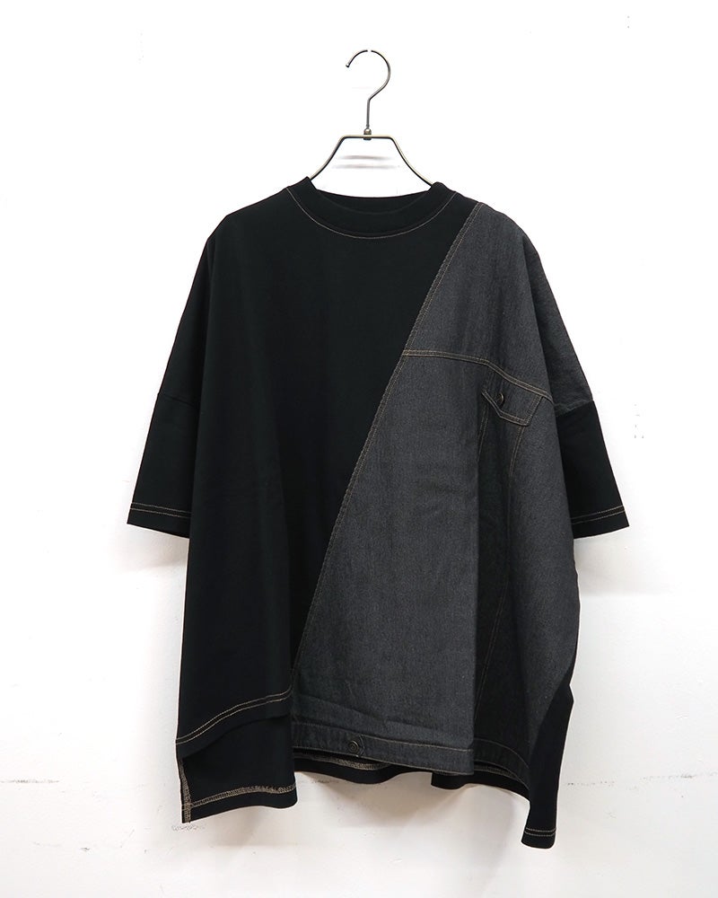 limiless　リミレス　デニムGジャン風切替T　半袖Tシャツ　デニムドッキング　リメイク風デザイン　カットオフ　胸ポケット　ワイドシルエット　ドロップショルダー　綿100%　大人カジュアル