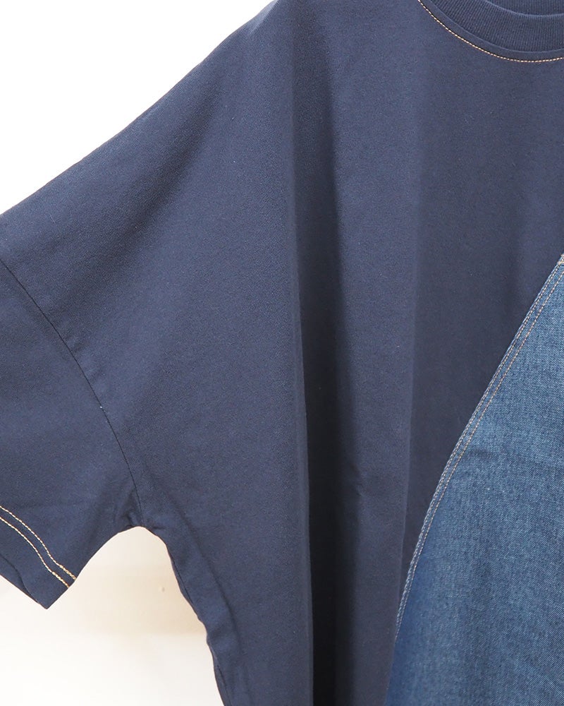 limiless　リミレス　デニムGジャン風切替T　半袖Tシャツ　デニムドッキング　リメイク風デザイン　カットオフ　胸ポケット　ワイドシルエット　ドロップショルダー　綿100%　大人カジュアル