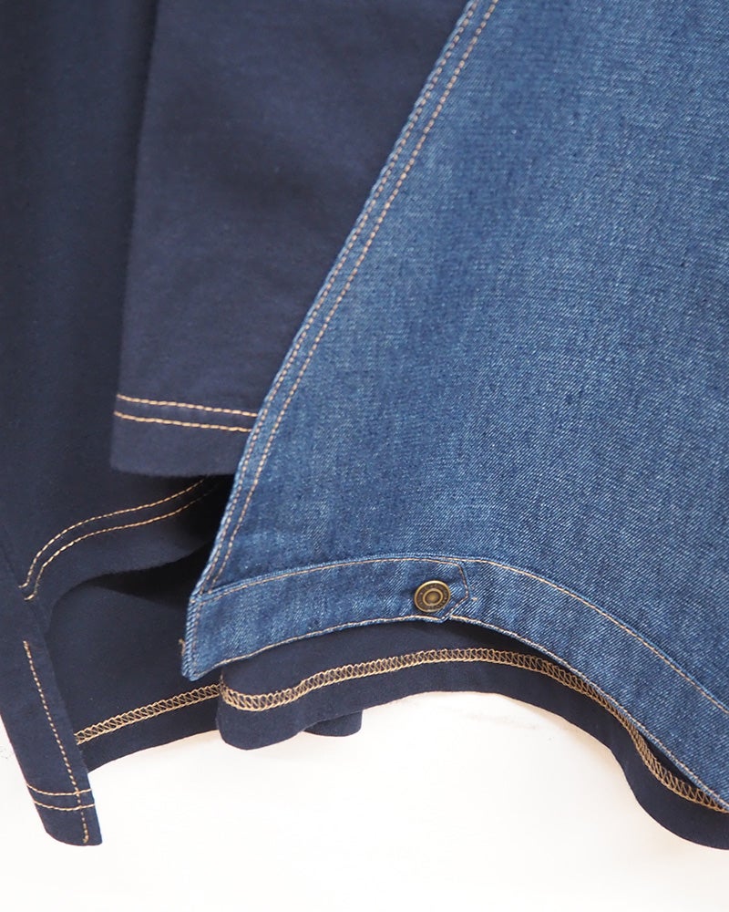 limiless　リミレス　デニムGジャン風切替T　半袖Tシャツ　デニムドッキング　リメイク風デザイン　カットオフ　胸ポケット　ワイドシルエット　ドロップショルダー　綿100%　大人カジュアル