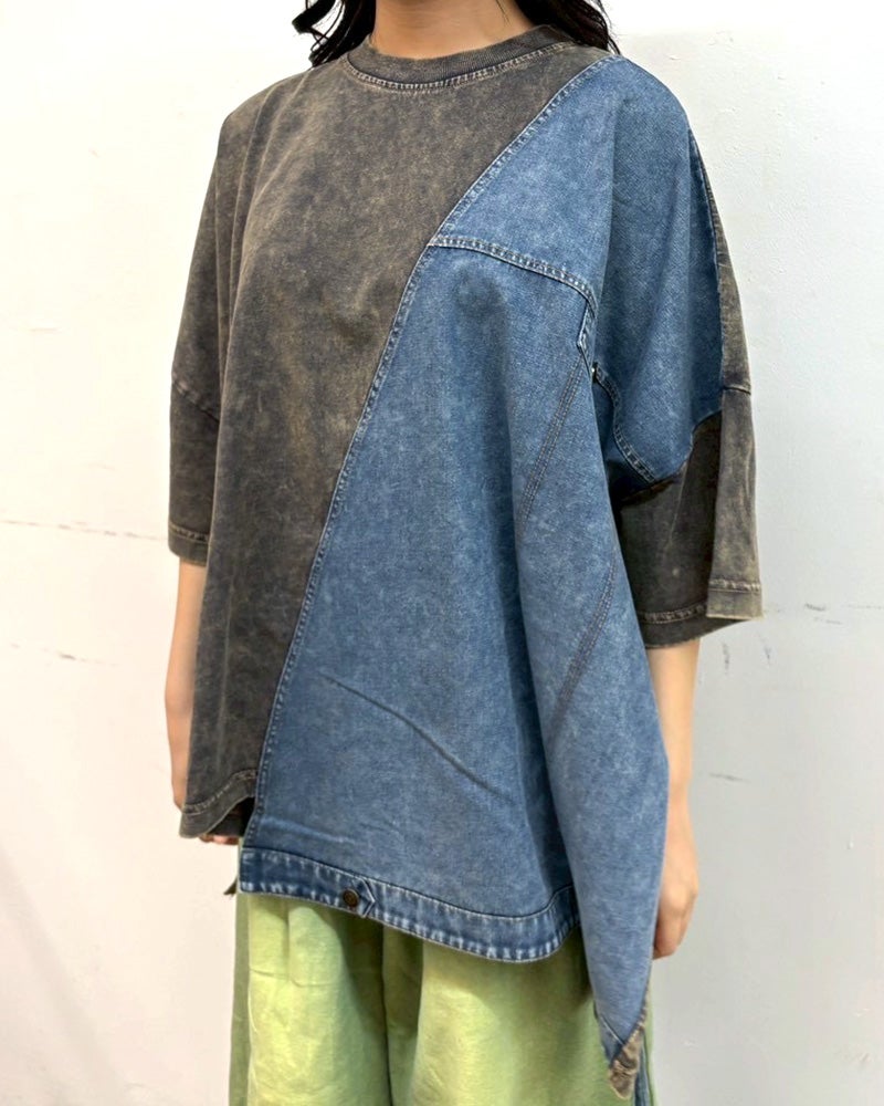 limiless　リミレス　デニムGジャン風切替T　半袖Tシャツ　デニムドッキング　リメイク風デザイン　カットオフ　胸ポケット　ワイドシルエット　ドロップショルダー　綿100%　大人カジュアル
