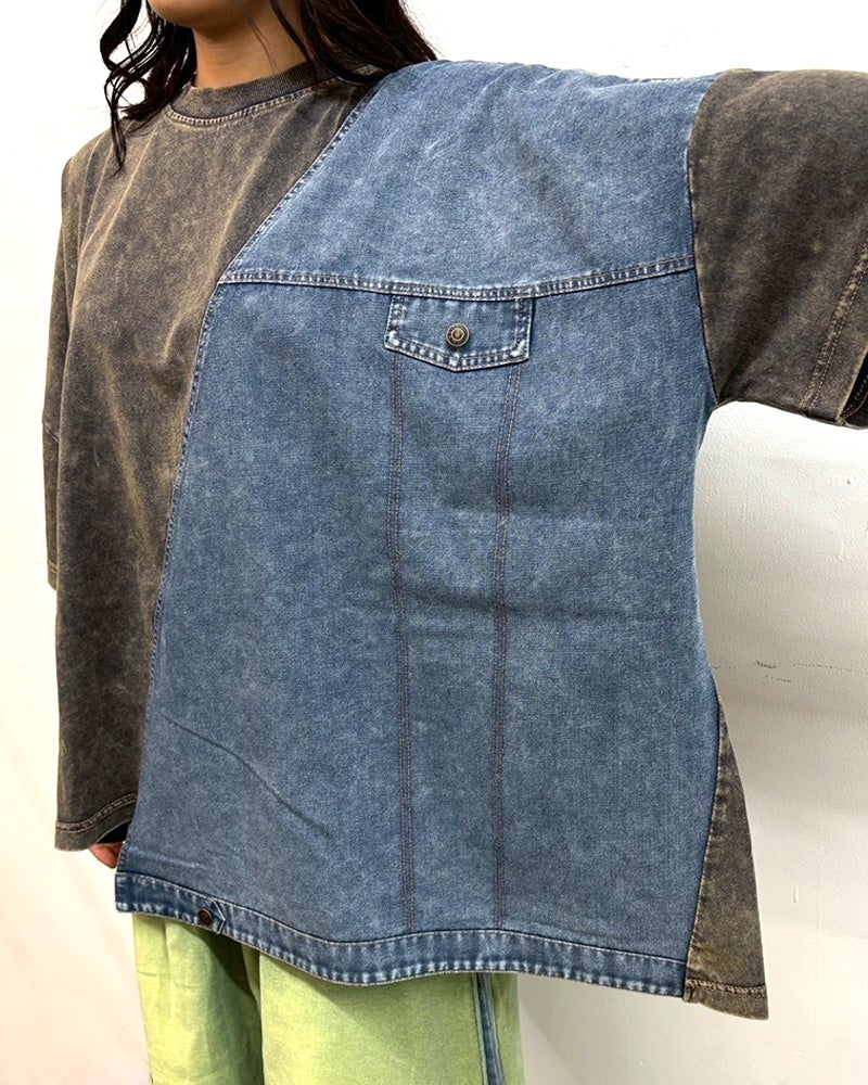 limiless　リミレス　デニムGジャン風切替T　半袖Tシャツ　デニムドッキング　リメイク風デザイン　カットオフ　胸ポケット　ワイドシルエット　ドロップショルダー　綿100%　大人カジュアル