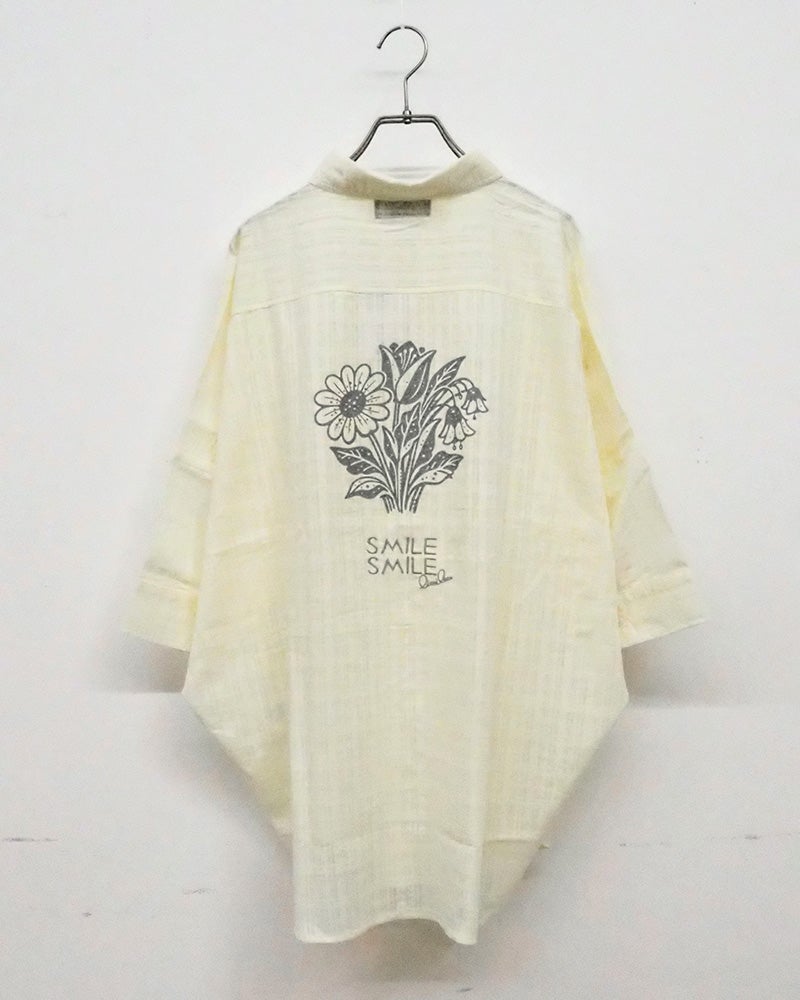 limiless　リミレス　シアーチェックプリント＆刺繍シャツ　半袖シャツ　シアー素材　チェック柄織り　バックプリント　フラワーモチーフ　ロゴ刺繍　ワイドシルエット　ドロップショルダー　大人カジュアル