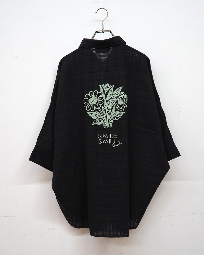 limiless　リミレス　シアーチェックプリント＆刺繍シャツ　半袖シャツ　シアー素材　チェック柄織り　バックプリント　フラワーモチーフ　ロゴ刺繍　ワイドシルエット　ドロップショルダー　大人カジュアル