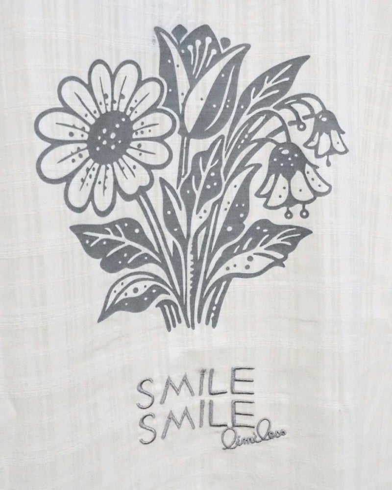limiless　リミレス　シアーチェックプリント＆刺繍シャツ　半袖シャツ　シアー素材　チェック柄織り　バックプリント　フラワーモチーフ　ロゴ刺繍　ワイドシルエット　ドロップショルダー　大人カジュアル