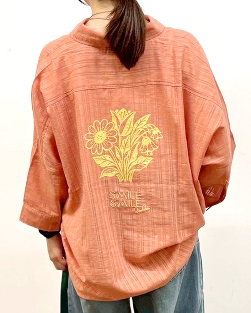 limiless　リミレス　シアーチェックプリント＆刺繍シャツ　半袖シャツ　シアー素材　チェック柄織り　バックプリント　フラワーモチーフ　ロゴ刺繍　ワイドシルエット　ドロップショルダー　大人カジュアル