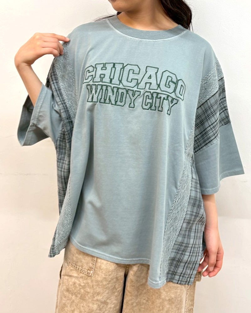 limiless　リミレス　ドライタッチ天竺ピグメント布帛切替BIG　T　半袖Tシャツ　カレッジロゴ刺繍　レース切り替え　チェック柄ドッキング　リメイク風デザイン　ピグメント加工　ヴィンテージ風　ビッグシルエット　ドロップショルダー　大人カジュアル