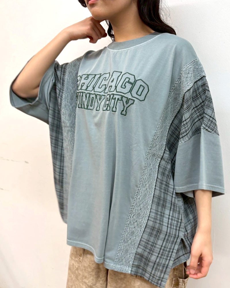 limiless　リミレス　ドライタッチ天竺ピグメント布帛切替BIG　T　半袖Tシャツ　カレッジロゴ刺繍　レース切り替え　チェック柄ドッキング　リメイク風デザイン　ピグメント加工　ヴィンテージ風　ビッグシルエット　ドロップショルダー　大人カジュアル